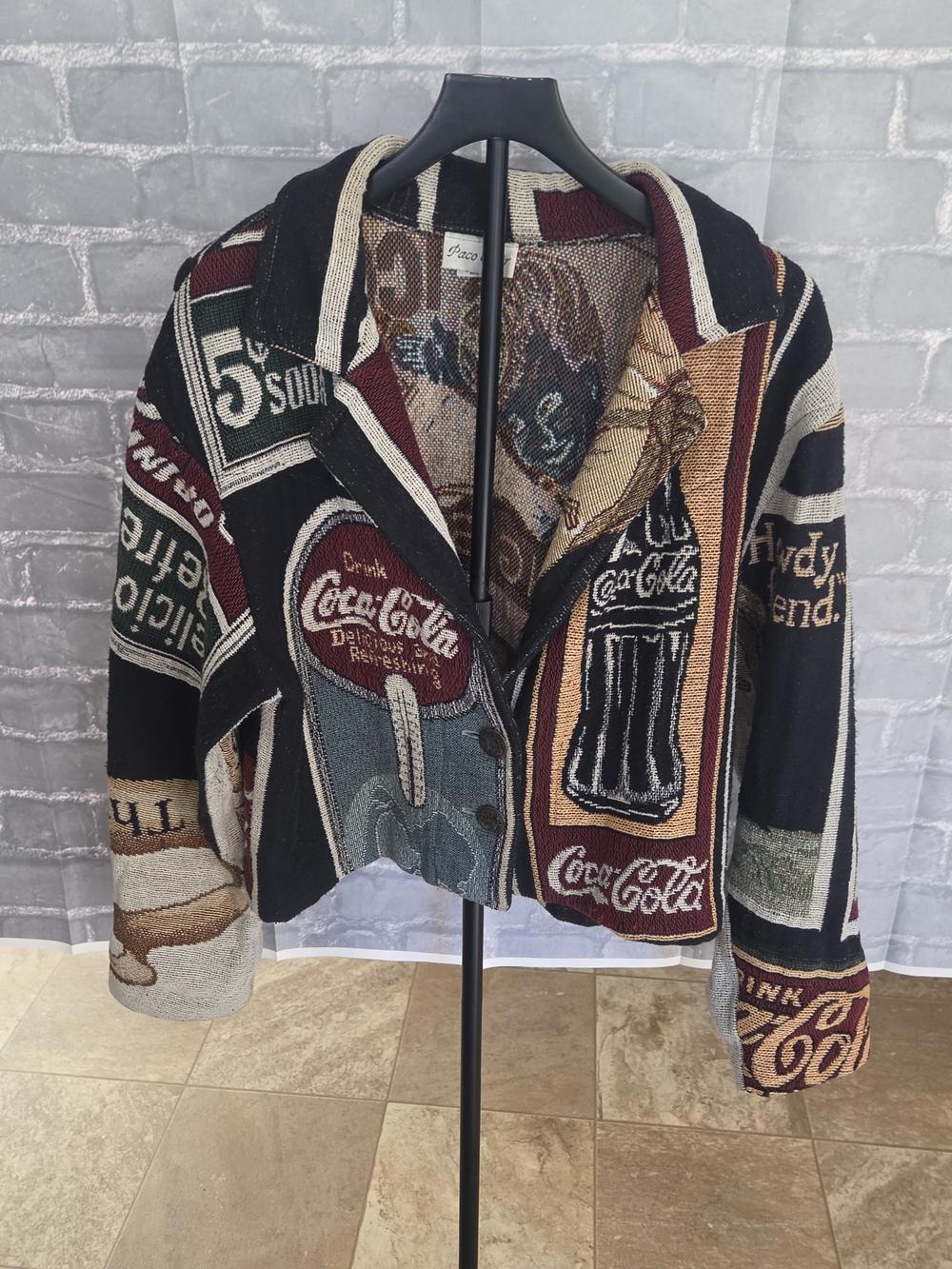 VTG 90s Paco Soler Coca Cola Woven Tapestry Jacket Blazer Rare M/L